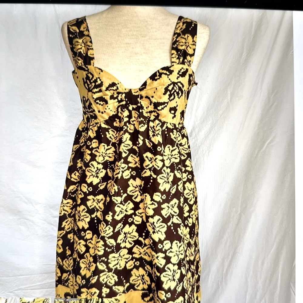 Pow WOW 100% Silk Baby doll Floral mini Dress Womens 14 Smocked yellow Brown